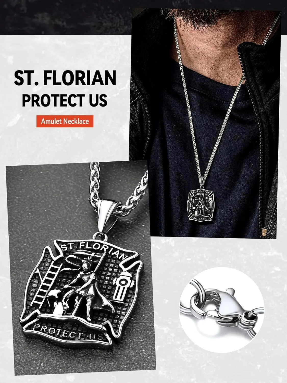 FaithHeart St Florian Firefighter Necklace for Men, Silver/Black Stainless Steel Protection Amulet Medal Pendant Necklaces Catholic Jewelry Gifts for Police Father Son