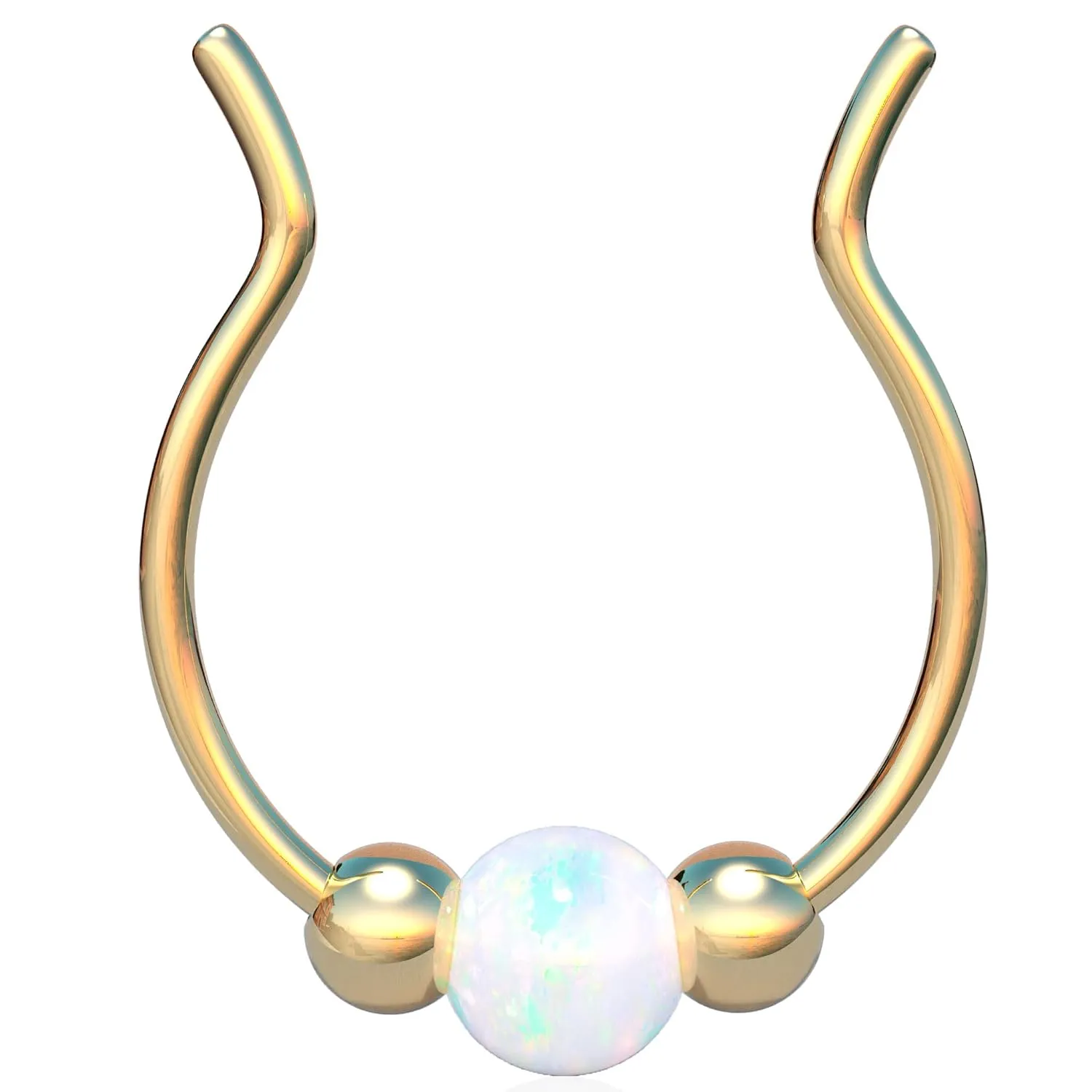 Fake Gold Septum Ring - Thin 24 Gauge White Opal Faux Septum Hoop - Tiny 14k Gold Filled Clip On Septum Piercing Jewelry - No Piercing Needed