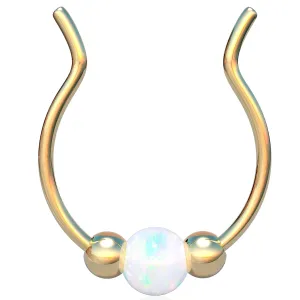 Fake Gold Septum Ring - Thin 24 Gauge White Opal Faux Septum Hoop - Tiny 14k Gold Filled Clip On Septum Piercing Jewelry - No Piercing Needed