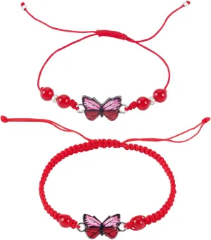 FASHEWELRY 2Pcs Butterfly Decor Braided Bracelet Colorful Butterfly Adjustable Nylon Braided Bead Bracelets Lucky Friendship Matching Bracelet for Woman birthday Gift