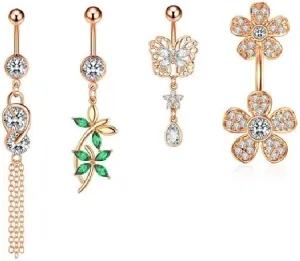 Fashion 4Pcs 14g Belly Button Rings Dangle 316L Surgical Steel CZ Navel Ring Barbell,Butterflies/Flowers/Tassels Barbell for Women, Reverse Spiral Body Piercing Jewelry Set (Rose Gold)