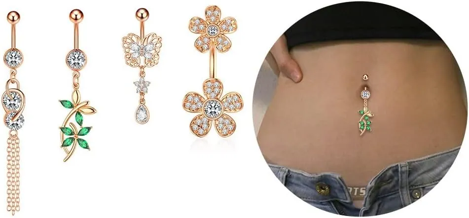Fashion 4Pcs 14g Belly Button Rings Dangle 316L Surgical Steel CZ Navel Ring Barbell,Butterflies/Flowers/Tassels Barbell for Women, Reverse Spiral Body Piercing Jewelry Set (Rose Gold)