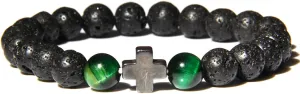 Fashion Cross Charm Turquoises Bracelets for Women Men Couple Prayer Peace Lava Tiger Eye Natural Stone Pendant Bangles Jewelry,Green Tiger Eye,19cm