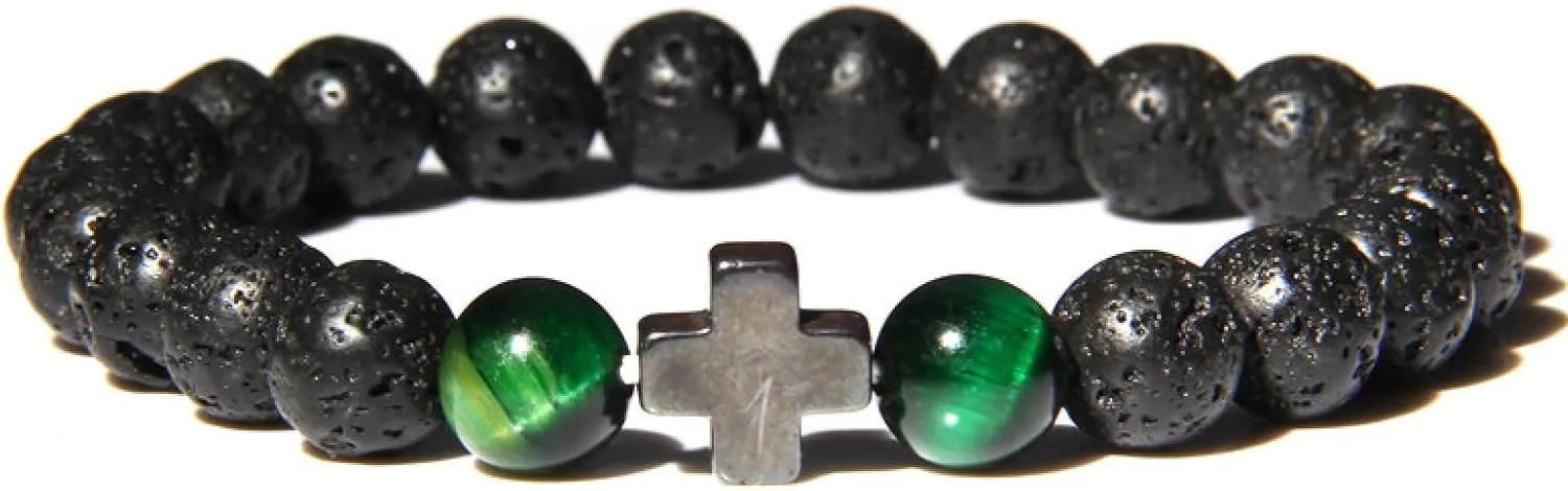 Fashion Cross Charm Turquoises Bracelets for Women Men Couple Prayer Peace Lava Tiger Eye Natural Stone Pendant Bangles Jewelry,Green Tiger Eye,19cm