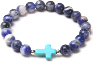 Fashion Cross Charm Turquoises Bracelets for Women Men Couple Prayer Peace Lava Tiger Eye Natural Stone Pendant Bangles Jewelry,Sodalite,19cm
