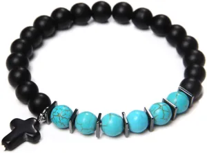 Fashion Cross Charm Turquoises Bracelets for Women Men Couple Prayer Peace Lava Tiger Eye Natural Stone Pendant Bangles Jewelry,Turquoise Onyx,17cm