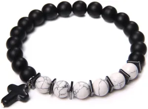 Fashion Cross Charm Turquoises Bracelets for Women Men Couple Prayer Peace Lava Tiger Eye Natural Stone Pendant Bangles Jewelry,Turquoise Onyx,21 cm