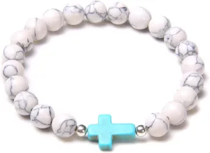 Fashion Cross Charm Turquoises Bracelets for Women Men Couple Prayer Peace Lava Tiger Eye Natural Stone Pendant Bangles Jewelry,White Turquoise,23cm