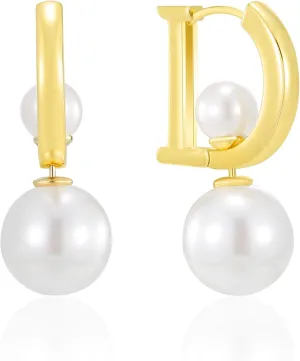 Fashion Letter D Gold Silver Hoop Earrings for Women Pearl Stud Earring, 2-Way Wearing Pearl Earring Studs Luxury D-Shape Huggie Drop Light Jewelry Gifts