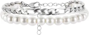 Faux Pearl Bracelet Men with Cuban Link Figaro Chain Wrist Bracelets Set Male Gift