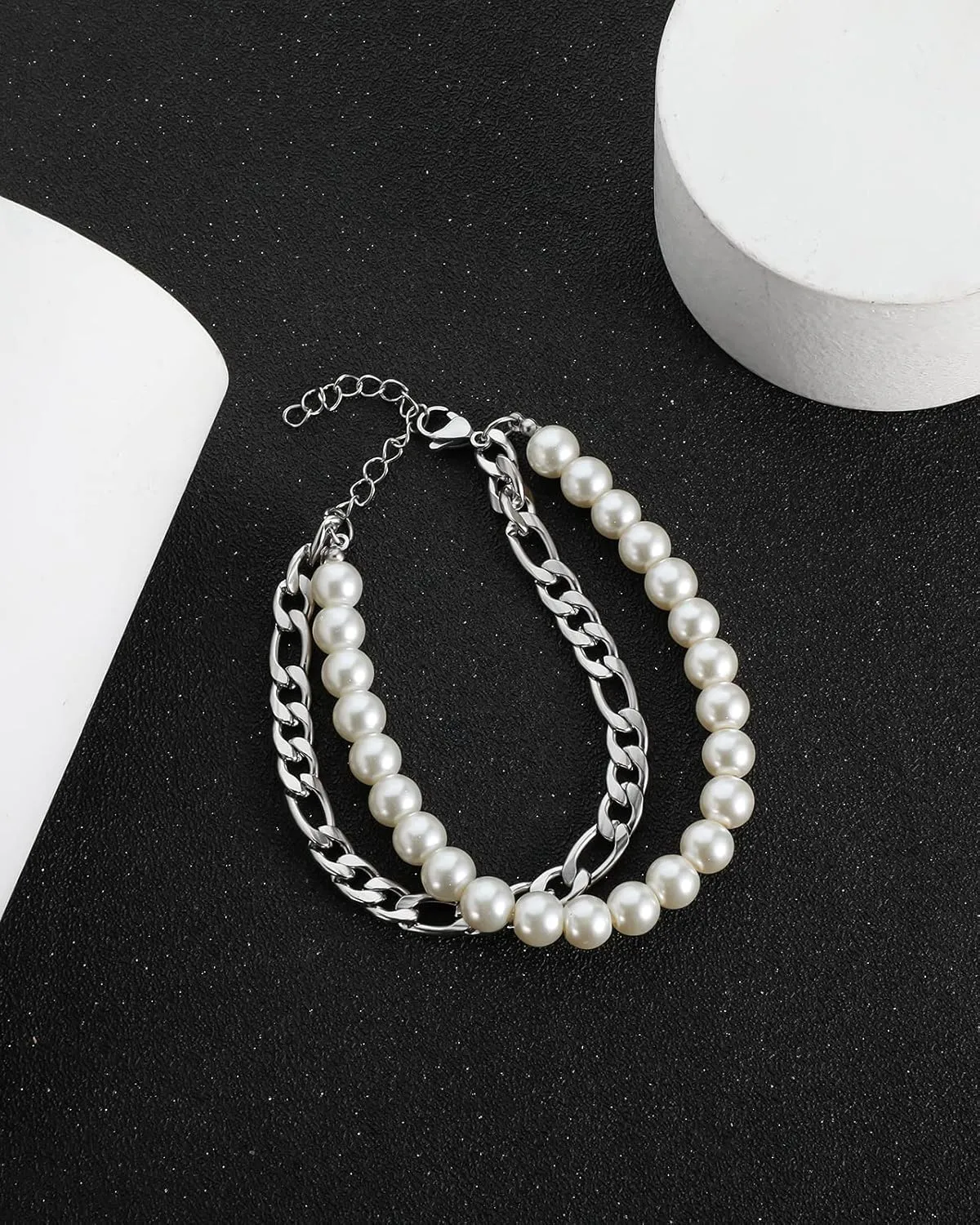 Faux Pearl Bracelet Men with Cuban Link Figaro Chain Wrist Bracelets Set Male Gift