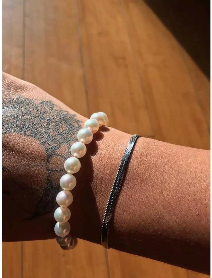 Faux Pearl Bracelet Men with Cuban Link Figaro Chain Wrist Bracelets Set Male Gift