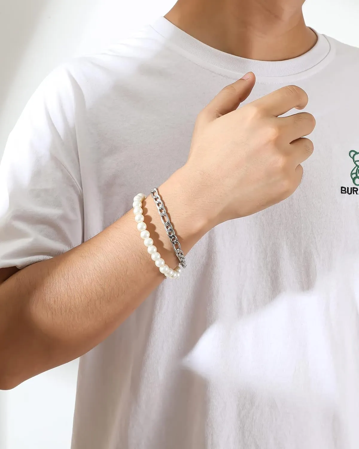 Faux Pearl Bracelet Men with Cuban Link Figaro Chain Wrist Bracelets Set Male Gift