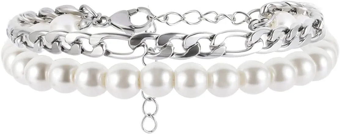 Faux Pearl Bracelet Men with Cuban Link Figaro Chain Wrist Bracelets Set Male Gift