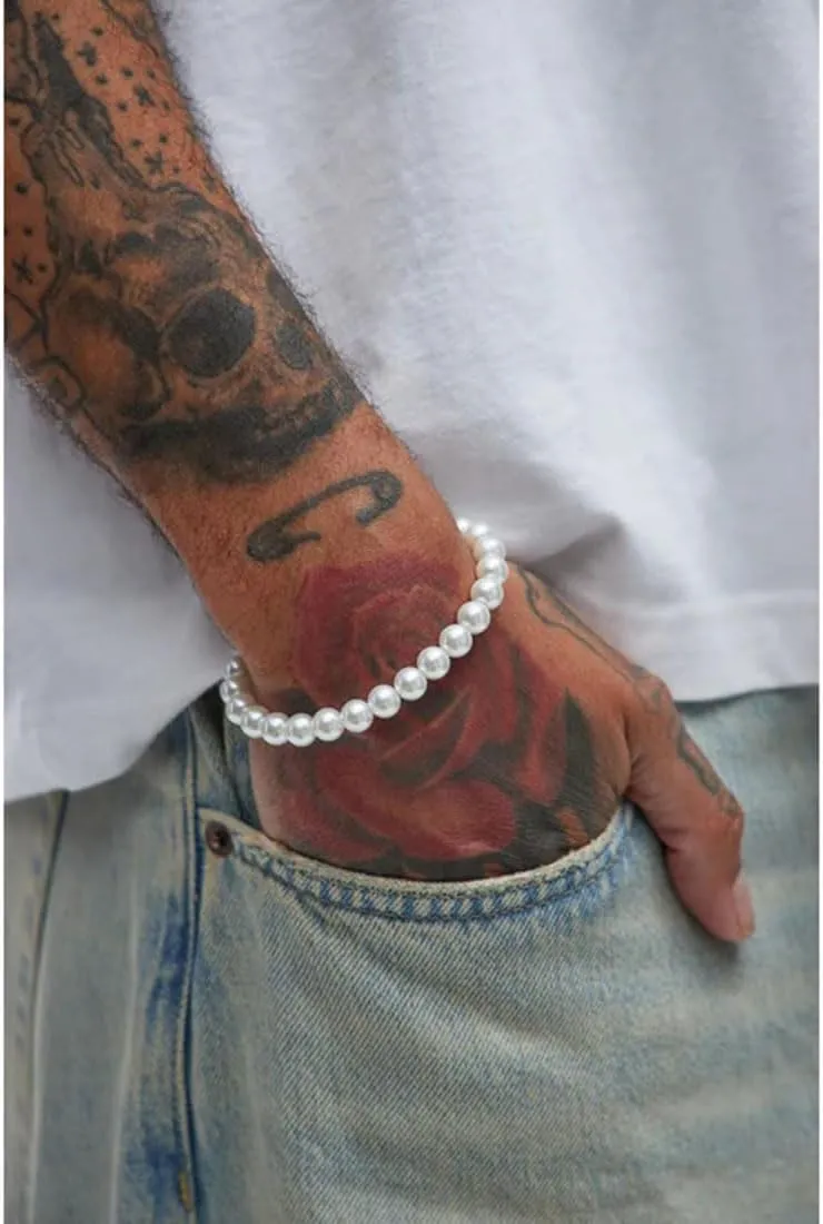 Faux Pearl Bracelet Men with Cuban Link Figaro Chain Wrist Bracelets Set Male Gift