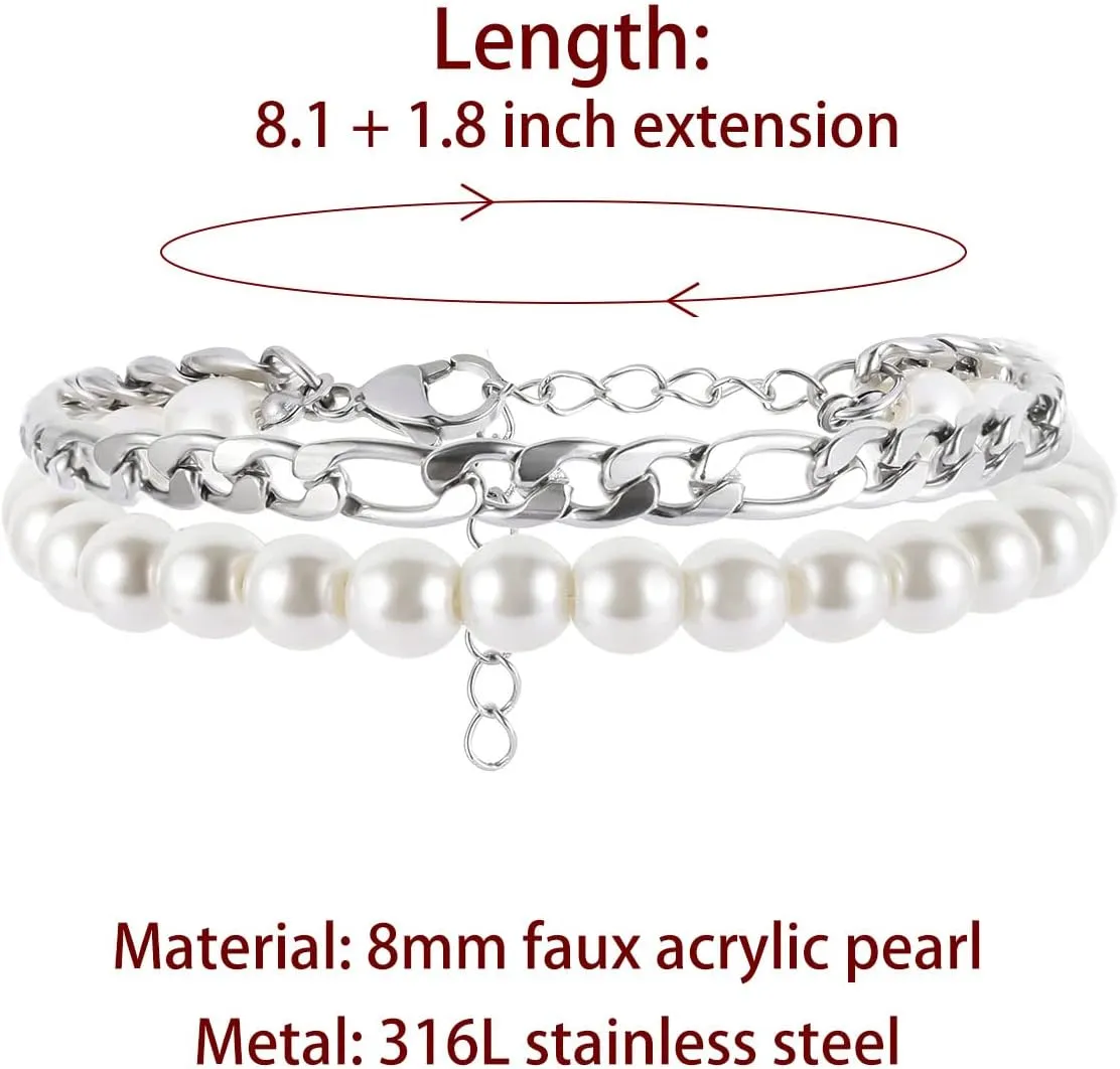 Faux Pearl Bracelet Men with Cuban Link Figaro Chain Wrist Bracelets Set Male Gift