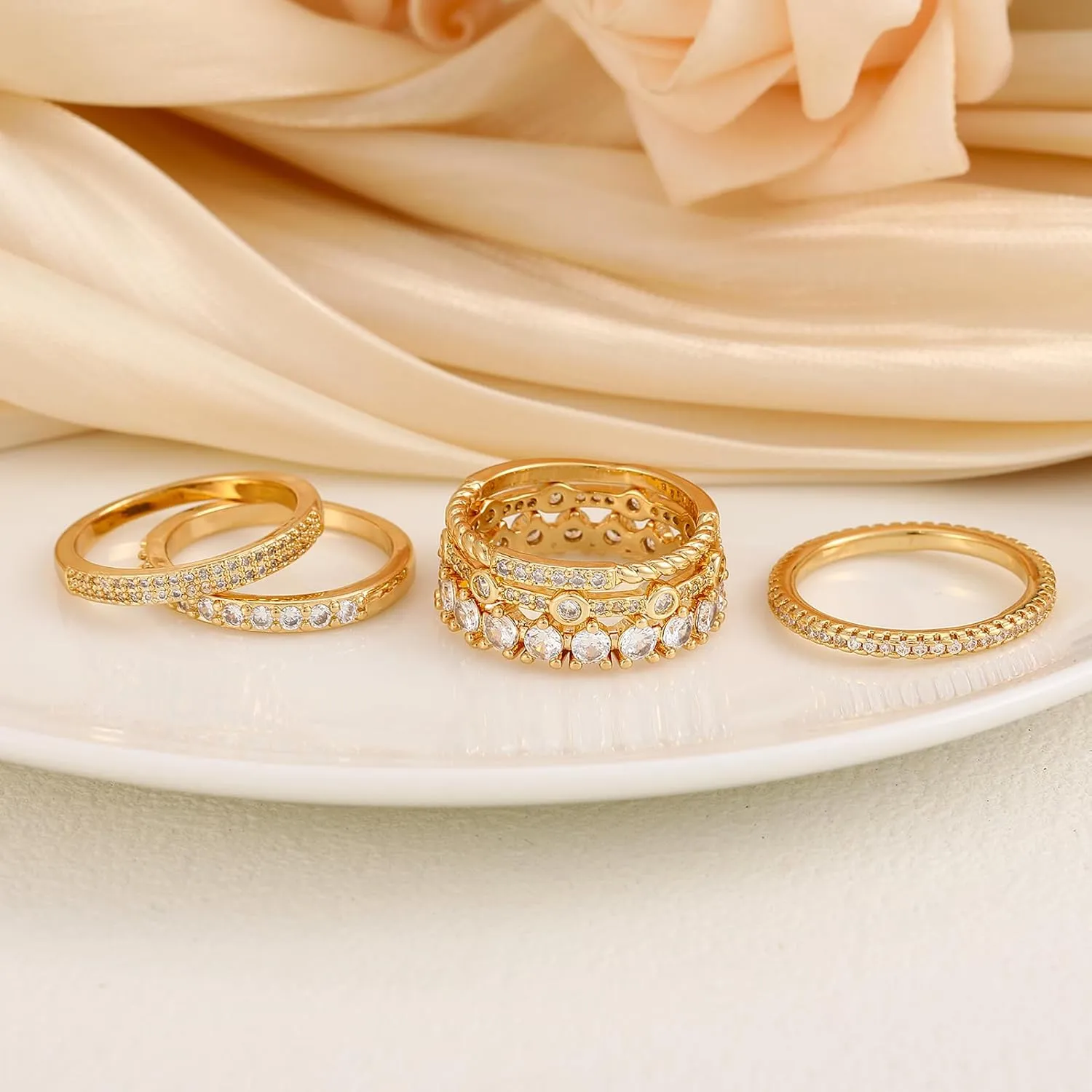 FAXHION Gold Rings for Women Non Tarnish, 14k Gold Plated Stacking Cubic Zirconia Thumb Ring Set, Dainty Gold Knuckle Women Rings Set Size 5 6 7 8 9 10