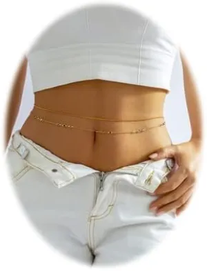 FIASASO 2Pcs Waist Chain 18K Gold Plated Belly Chain for Women Adjustable Stainless Steel Rhinestone Bead Bikini Body Chain Jewelry for Summer Beach