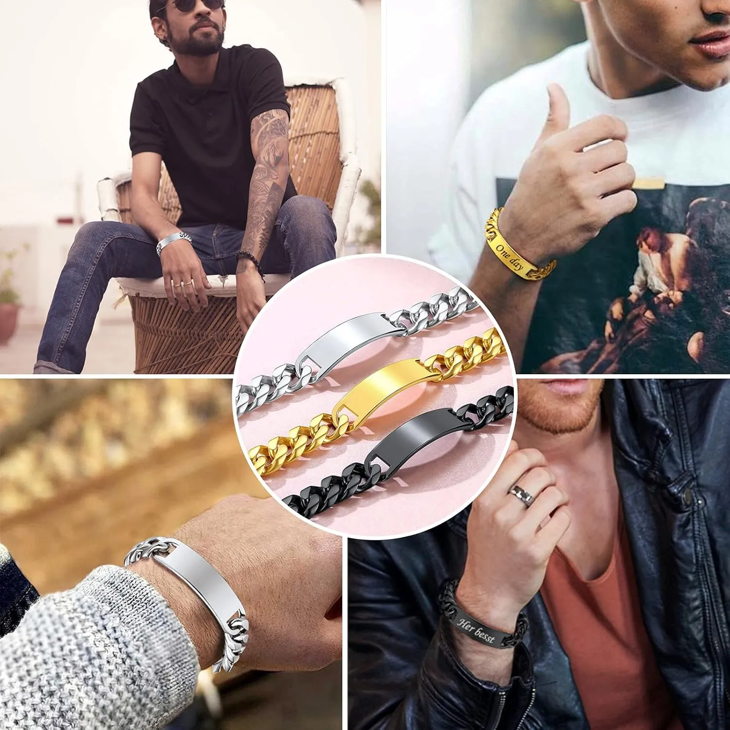 FindChic Customized Name Bar ID Bracelets for Men Women 18K Gold Plated/Stainless Steel/Black 7MM/10MM/15MM Width 7.5'' 8.3'' Bangles, with Jewelry Box