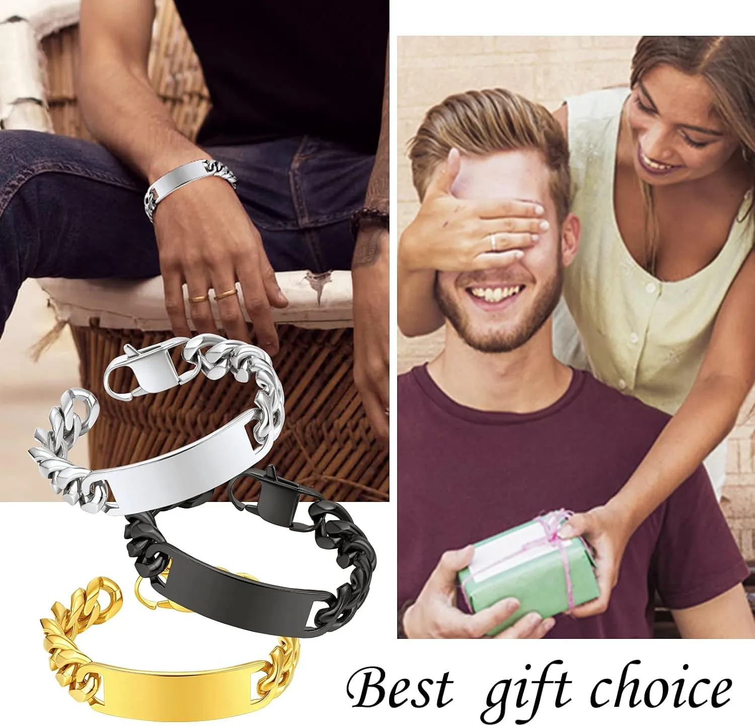 FindChic Customized Name Bar ID Bracelets for Men Women 18K Gold Plated/Stainless Steel/Black 7MM/10MM/15MM Width 7.5'' 8.3'' Bangles, with Jewelry Box