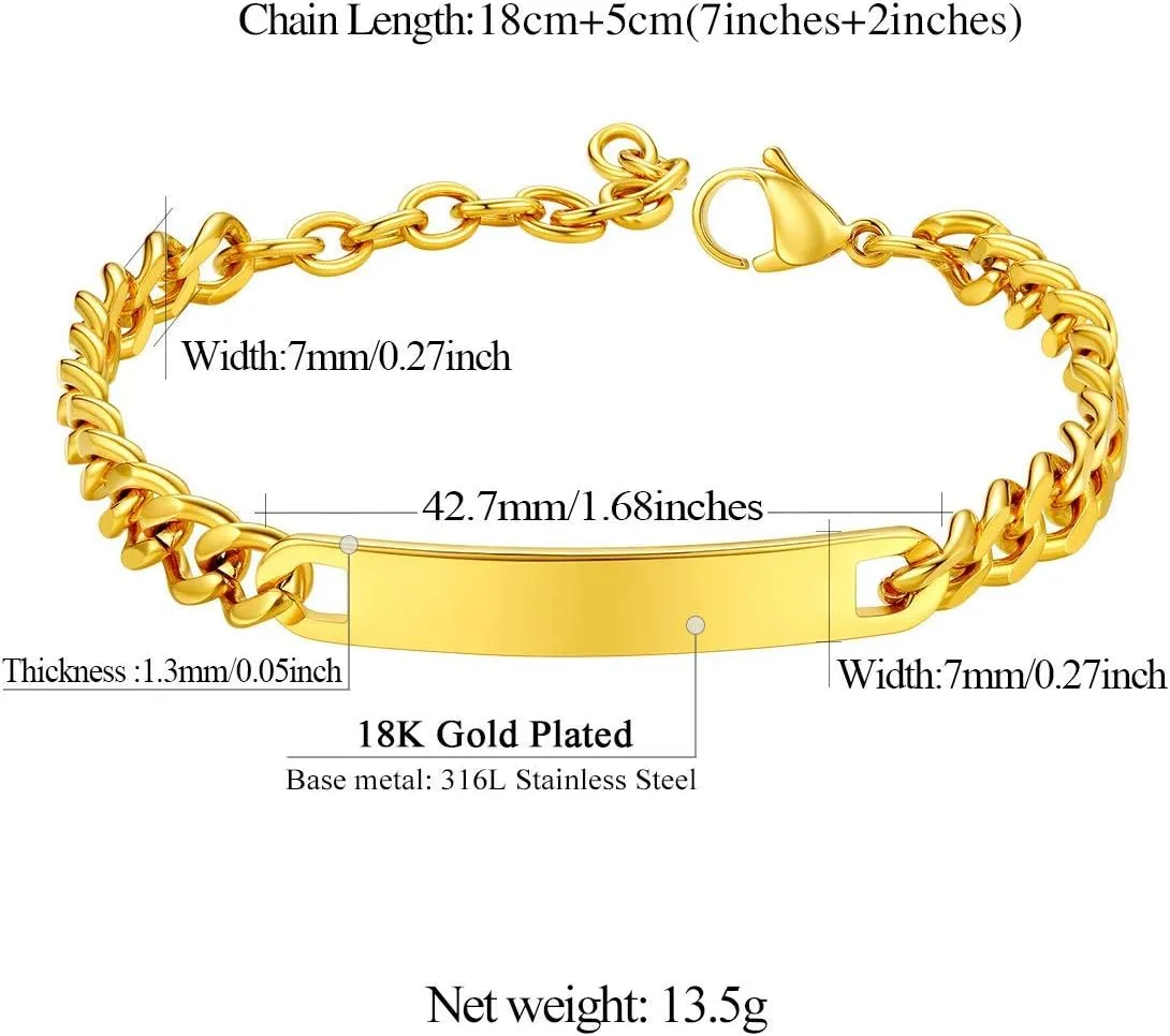FindChic Customized Name Bar ID Bracelets for Men Women 18K Gold Plated/Stainless Steel/Black 7MM/10MM/15MM Width 7.5'' 8.3'' Bangles, with Jewelry Box