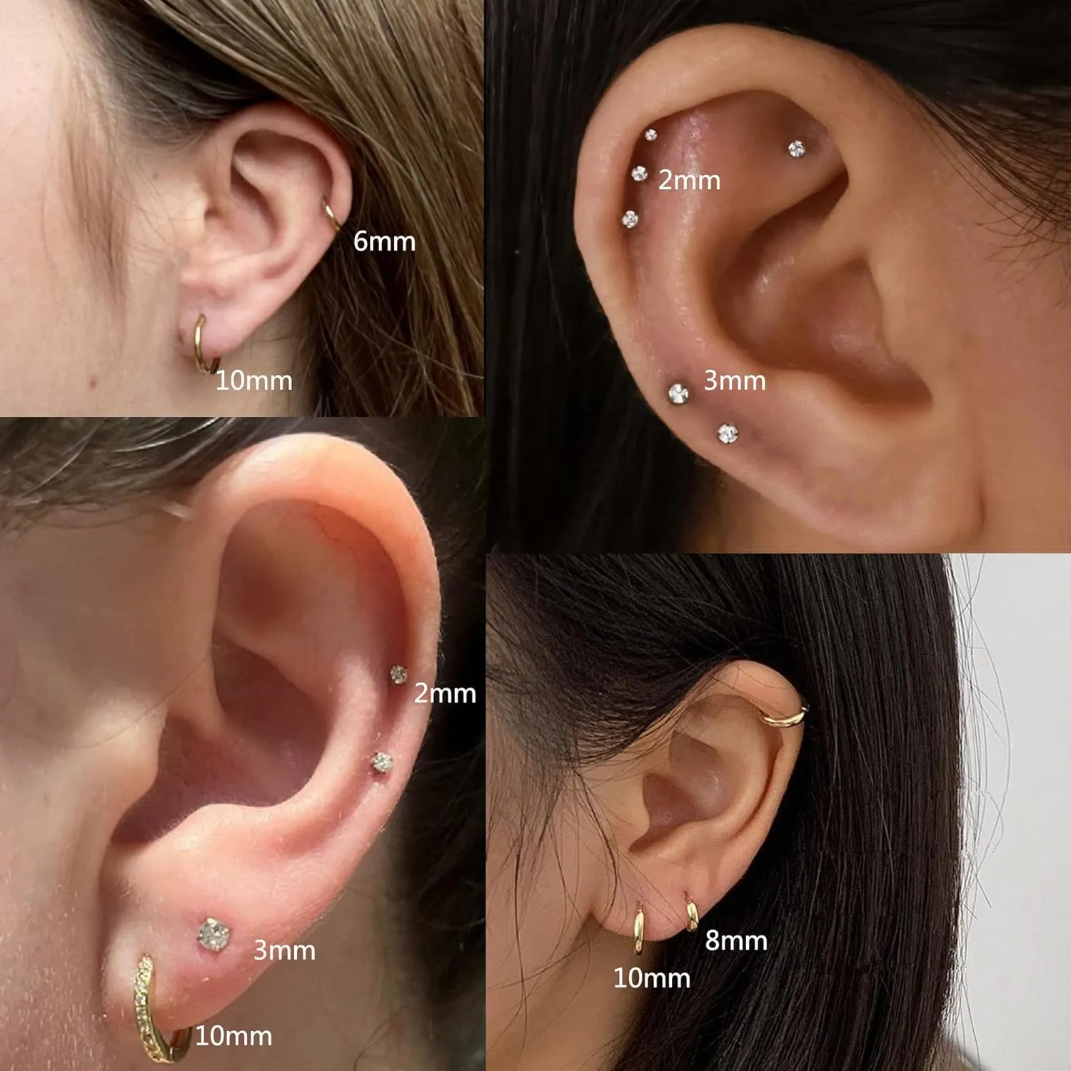 FINREZIO 8 Pairs Stainless Steel Earrings Sets for Multiple Piercing, Small Huggie Hoop Earrings Flat Back Tiny Ball CZ Stud Earring, 14K Gold Plated Cartilage Helix Earrings Inner Diameter 6-12MM, CZ Diameter 2-3MM