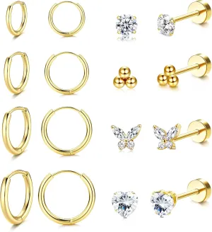 FINREZIO 8 Pairs Stainless Steel Earrings Sets for Multiple Piercing, Small Huggie Hoop Earrings Flat Back Tiny Ball CZ Stud Earring, 14K Gold Plated Cartilage Helix Earrings Inner Diameter 6-12MM, CZ Diameter 2-3MM