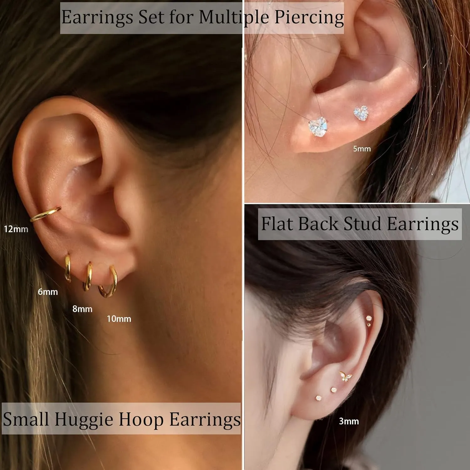 FINREZIO 8 Pairs Stainless Steel Earrings Sets for Multiple Piercing, Small Huggie Hoop Earrings Flat Back Tiny Ball CZ Stud Earring, 14K Gold Plated Cartilage Helix Earrings Inner Diameter 6-12MM, CZ Diameter 2-3MM