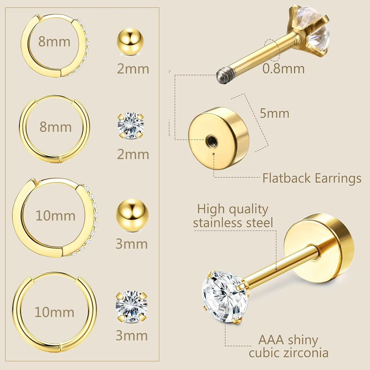FINREZIO 8 Pairs Stainless Steel Earrings Sets for Multiple Piercing, Small Huggie Hoop Earrings Flat Back Tiny Ball CZ Stud Earring, 14K Gold Plated Cartilage Helix Earrings Inner Diameter 6-12MM, CZ Diameter 2-3MM