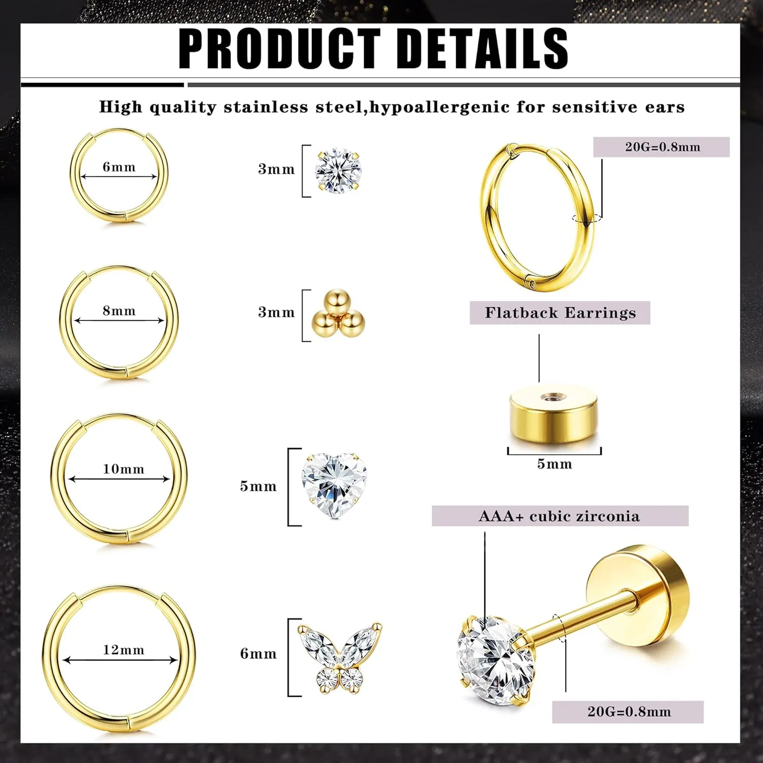 FINREZIO 8 Pairs Stainless Steel Earrings Sets for Multiple Piercing, Small Huggie Hoop Earrings Flat Back Tiny Ball CZ Stud Earring, 14K Gold Plated Cartilage Helix Earrings Inner Diameter 6-12MM, CZ Diameter 2-3MM