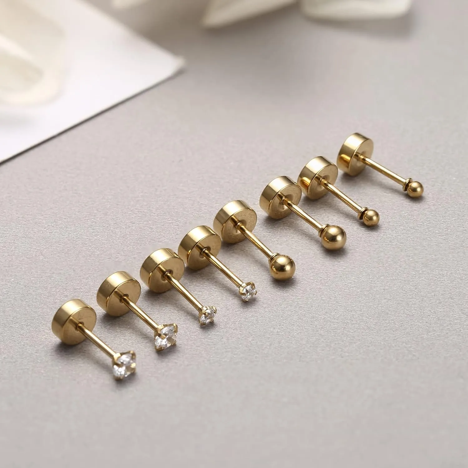 FINREZIO 8 Pairs Stainless Steel Earrings Sets for Multiple Piercing, Small Huggie Hoop Earrings Flat Back Tiny Ball CZ Stud Earring, 14K Gold Plated Cartilage Helix Earrings Inner Diameter 6-12MM, CZ Diameter 2-3MM