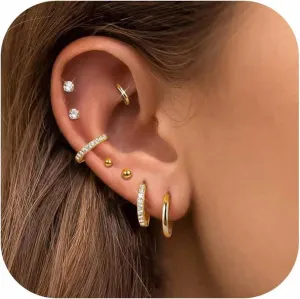 FINREZIO 8 Pairs Stainless Steel Earrings Sets for Multiple Piercing, Small Huggie Hoop Earrings Flat Back Tiny Ball CZ Stud Earring, 14K Gold Plated Cartilage Helix Earrings Inner Diameter 6-12MM, CZ Diameter 2-3MM