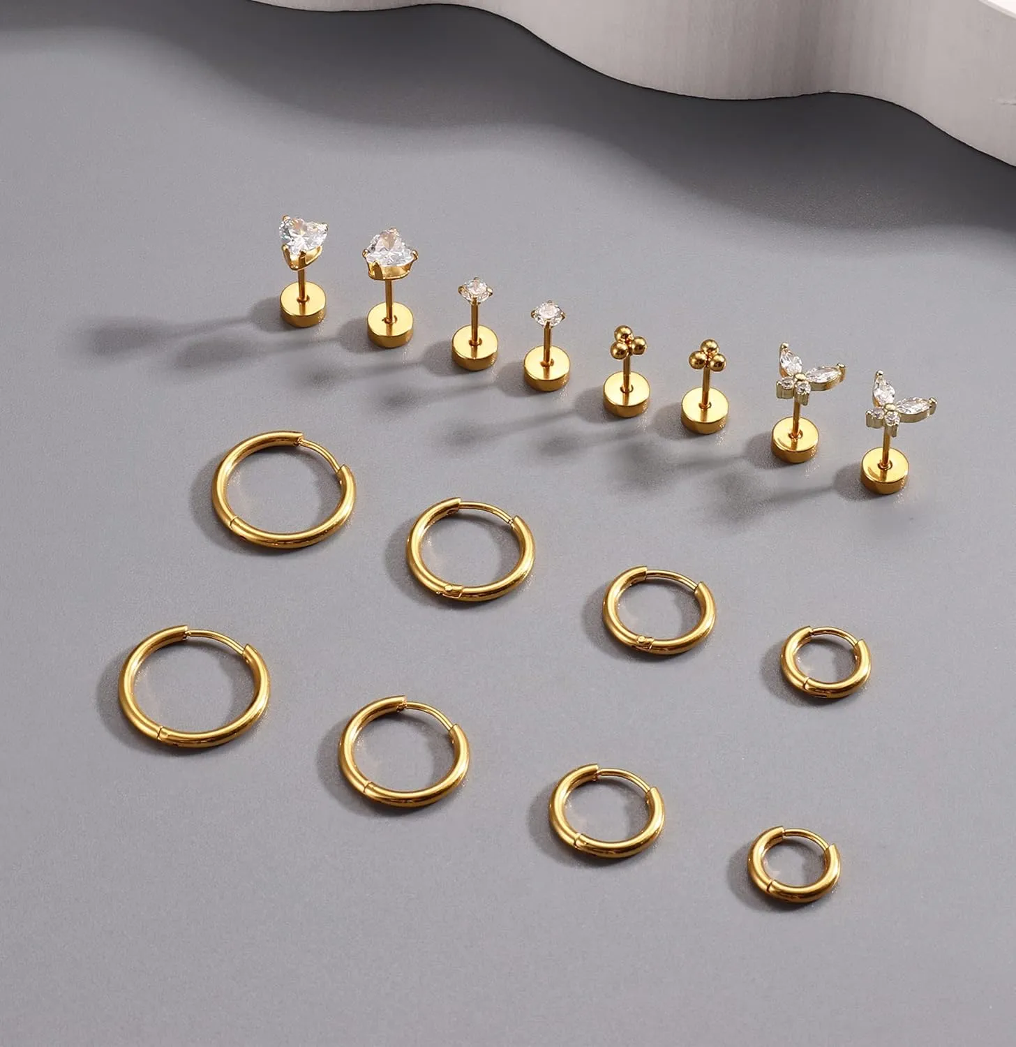 FINREZIO 8 Pairs Stainless Steel Earrings Sets for Multiple Piercing, Small Huggie Hoop Earrings Flat Back Tiny Ball CZ Stud Earring, 14K Gold Plated Cartilage Helix Earrings Inner Diameter 6-12MM, CZ Diameter 2-3MM