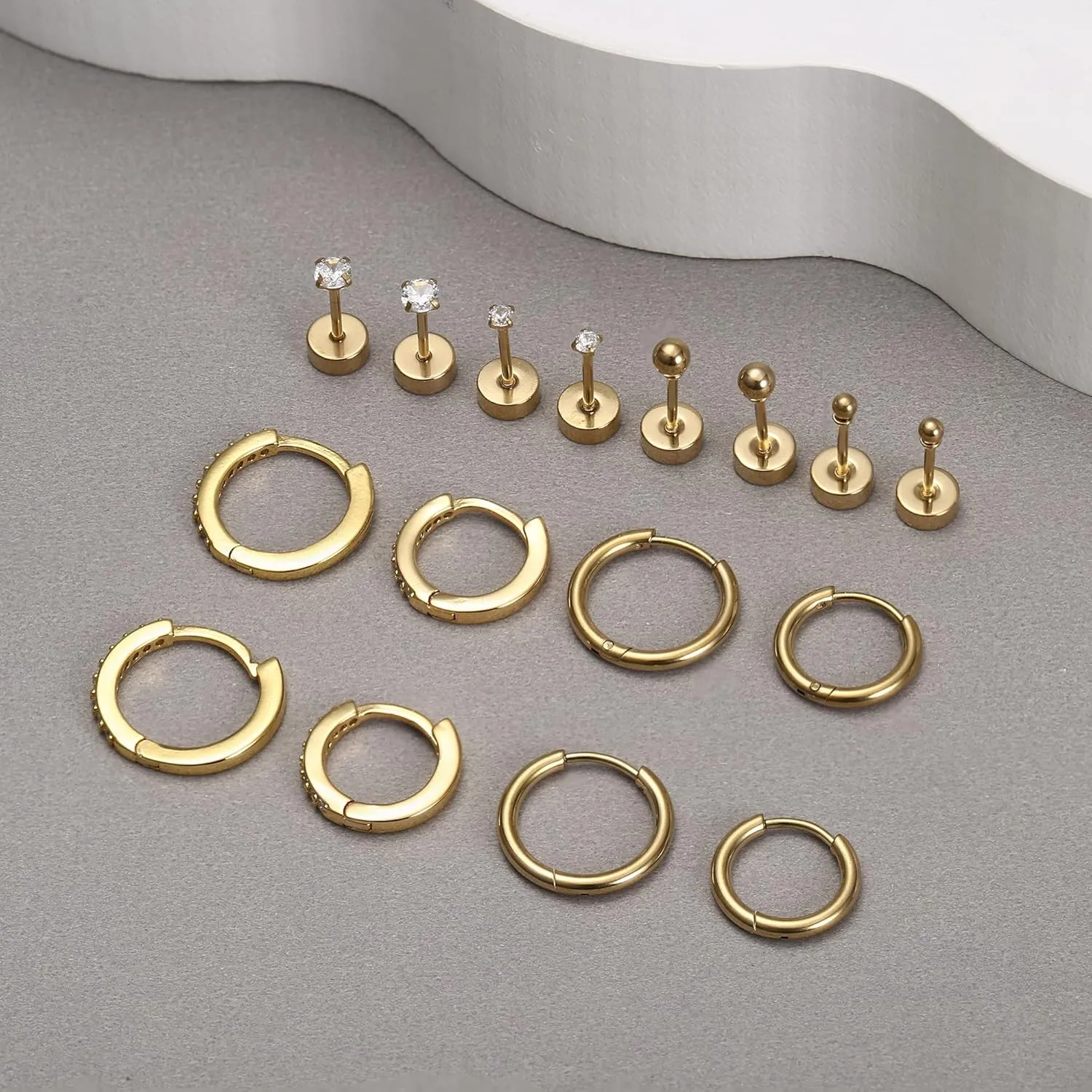 FINREZIO 8 Pairs Stainless Steel Earrings Sets for Multiple Piercing, Small Huggie Hoop Earrings Flat Back Tiny Ball CZ Stud Earring, 14K Gold Plated Cartilage Helix Earrings Inner Diameter 6-12MM, CZ Diameter 2-3MM