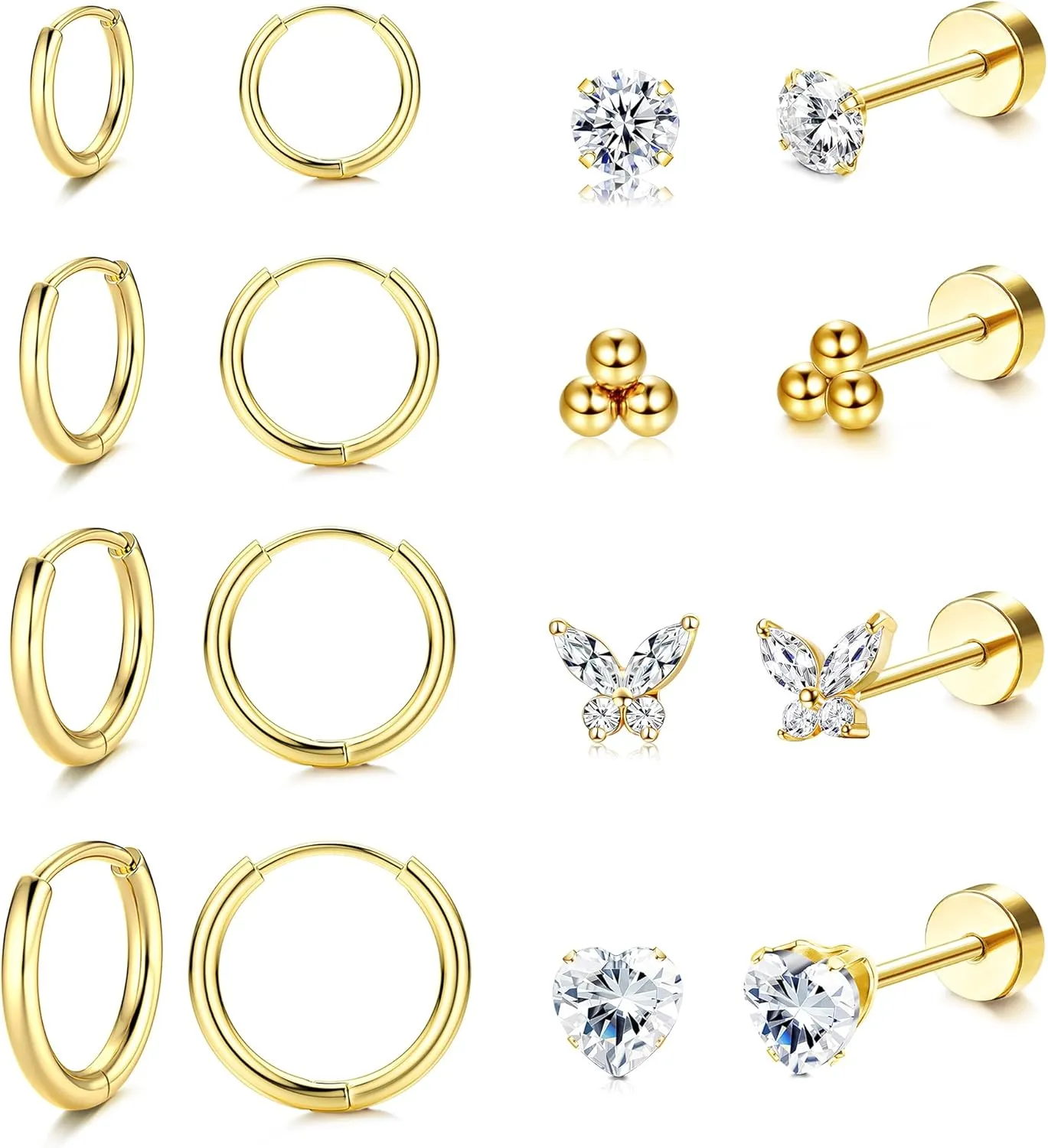 FINREZIO 8 Pairs Stainless Steel Earrings Sets for Multiple Piercing, Small Huggie Hoop Earrings Flat Back Tiny Ball CZ Stud Earring, 14K Gold Plated Cartilage Helix Earrings Inner Diameter 6-12MM, CZ Diameter 2-3MM