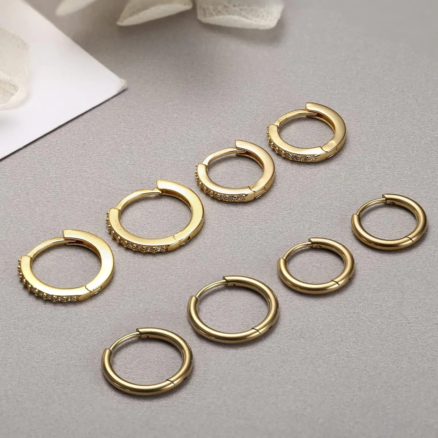 FINREZIO 8 Pairs Stainless Steel Earrings Sets for Multiple Piercing, Small Huggie Hoop Earrings Flat Back Tiny Ball CZ Stud Earring, 14K Gold Plated Cartilage Helix Earrings Inner Diameter 6-12MM, CZ Diameter 2-3MM