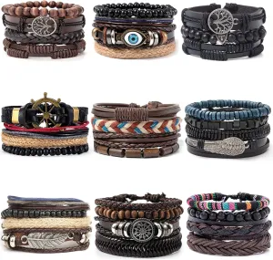 FIRAZIO 35PCS Braided Leather Bracelets for Men Women Wrap Wood Beads Cuff Bracelet Hemp Cords Ethnic Tribal Handmade Wrap Wristband Bracelets Set Adjustable