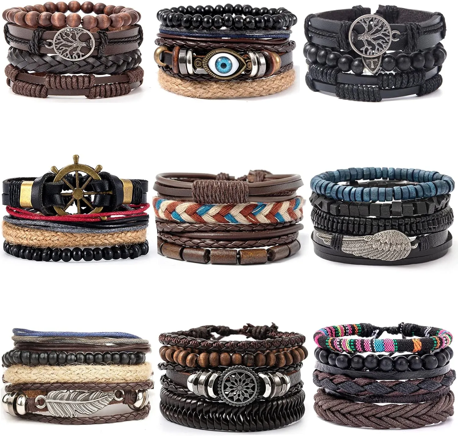 FIRAZIO 35PCS Braided Leather Bracelets for Men Women Wrap Wood Beads Cuff Bracelet Hemp Cords Ethnic Tribal Handmade Wrap Wristband Bracelets Set Adjustable