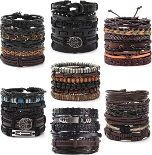 FIRAZIO 42Pcs Braided Leather Bracelets for Men Women Wrap Wood Beads Cuff Bracelet Hemp Cords Ethnic Tribal Handmade Wrap Wristband Bracelets Set Adjustable