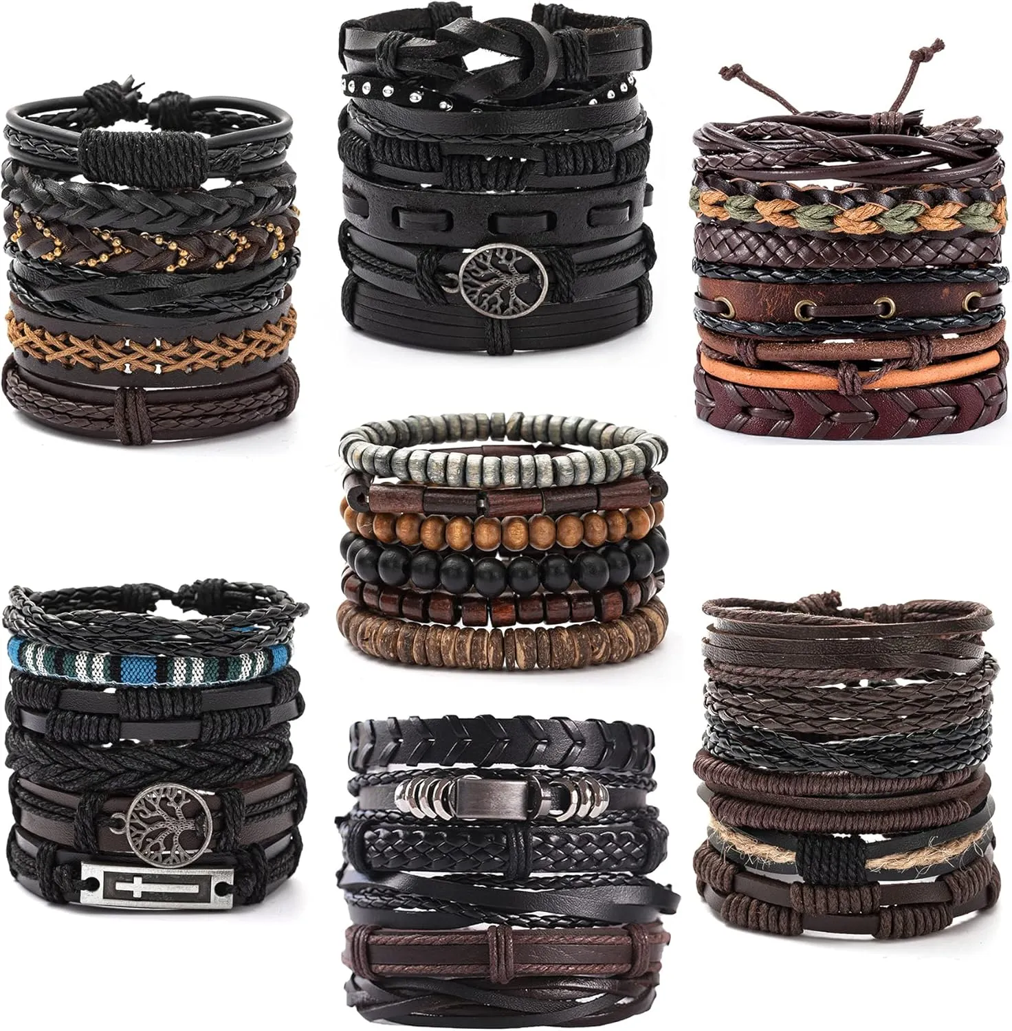 FIRAZIO 42Pcs Braided Leather Bracelets for Men Women Wrap Wood Beads Cuff Bracelet Hemp Cords Ethnic Tribal Handmade Wrap Wristband Bracelets Set Adjustable