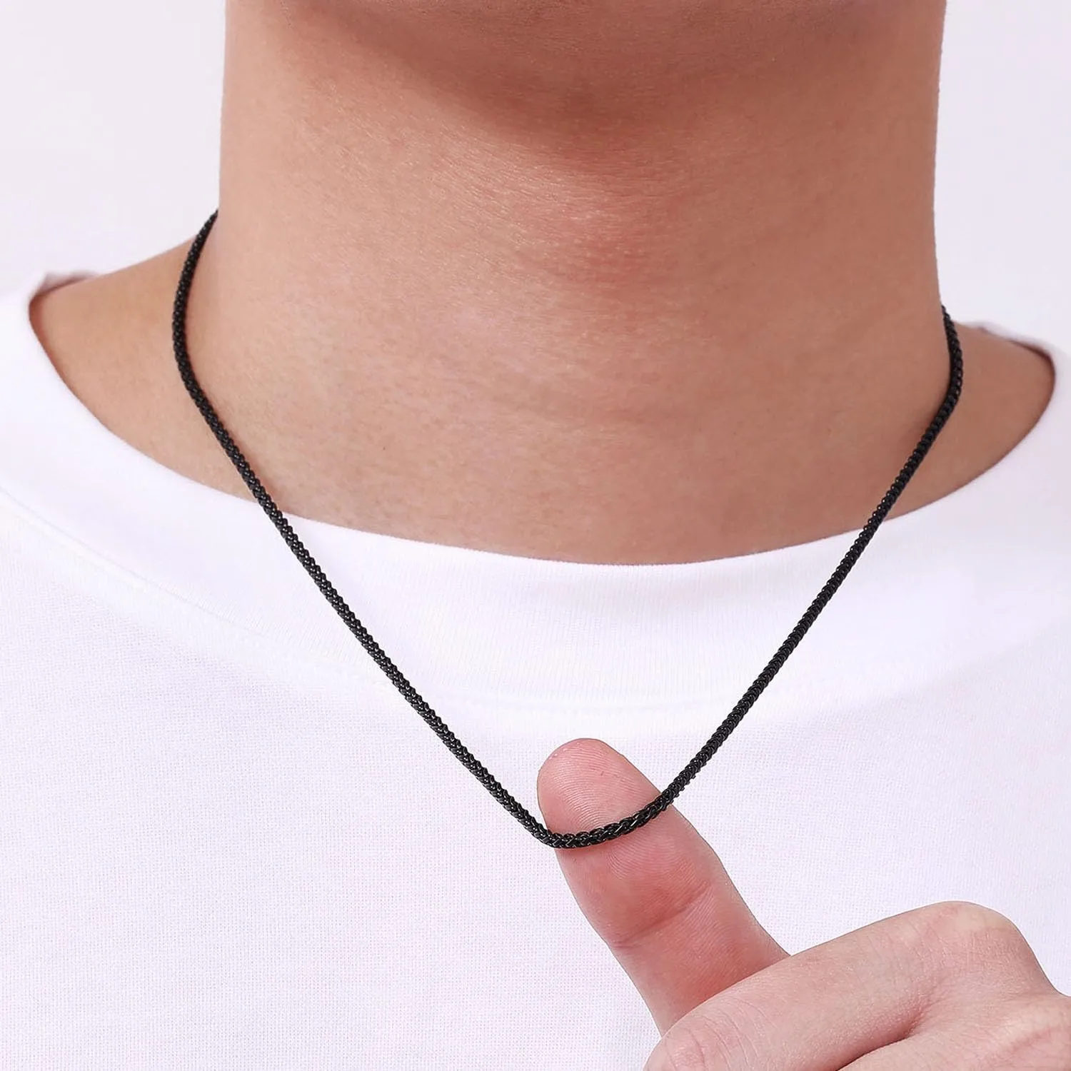 Fiusem Black Wheat Chains for Men and Women, 2/2.5/3/4/5mm Stainless Steel Necklace Chain, Mens Necklace 16-28 Inch