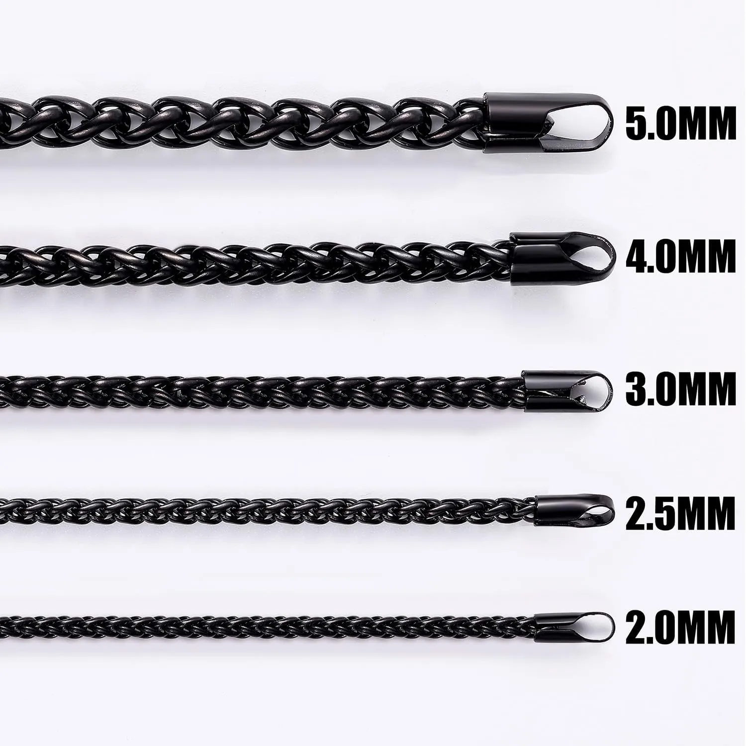 Fiusem Black Wheat Chains for Men and Women, 2/2.5/3/4/5mm Stainless Steel Necklace Chain, Mens Necklace 16-28 Inch