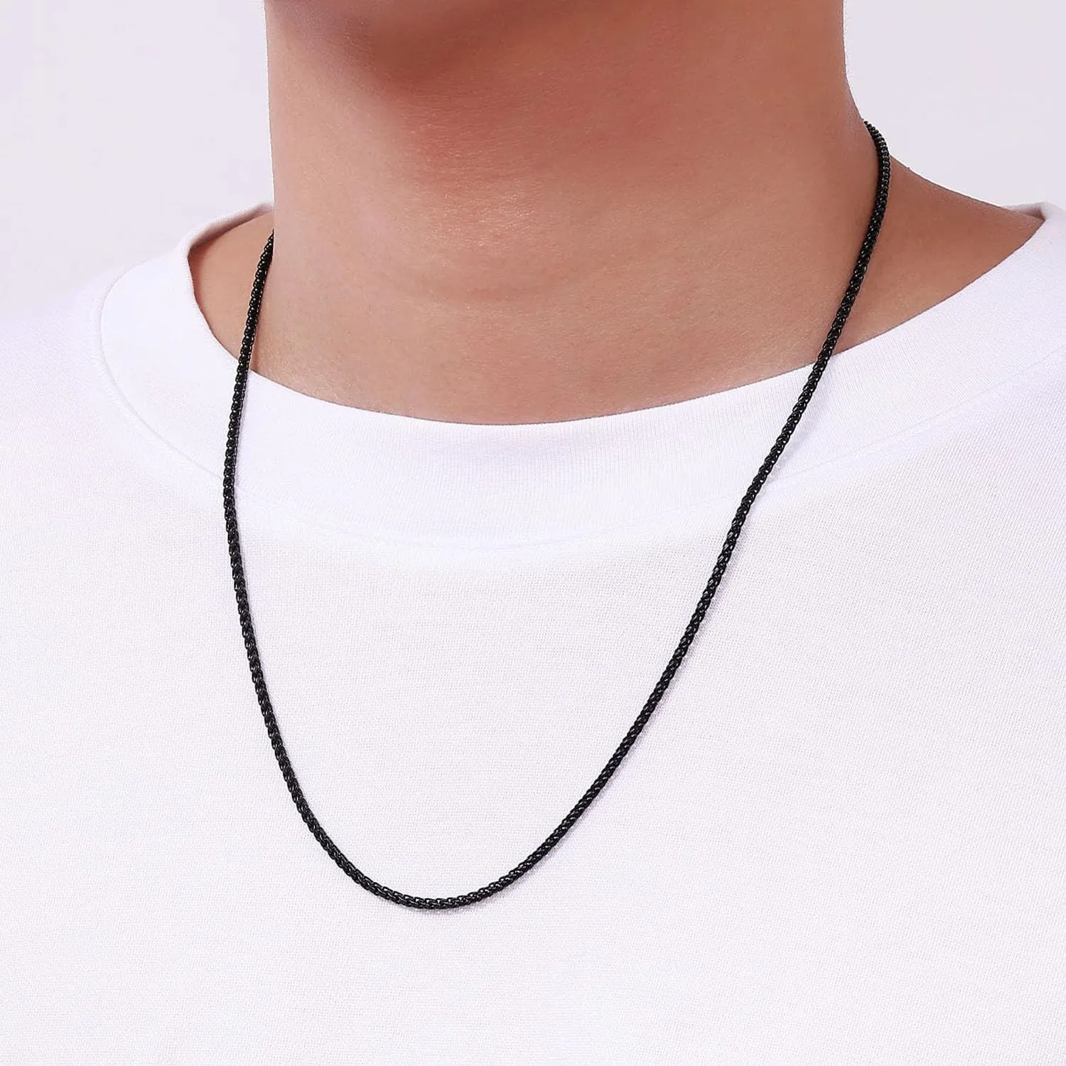 Fiusem Black Wheat Chains for Men and Women, 2/2.5/3/4/5mm Stainless Steel Necklace Chain, Mens Necklace 16-28 Inch