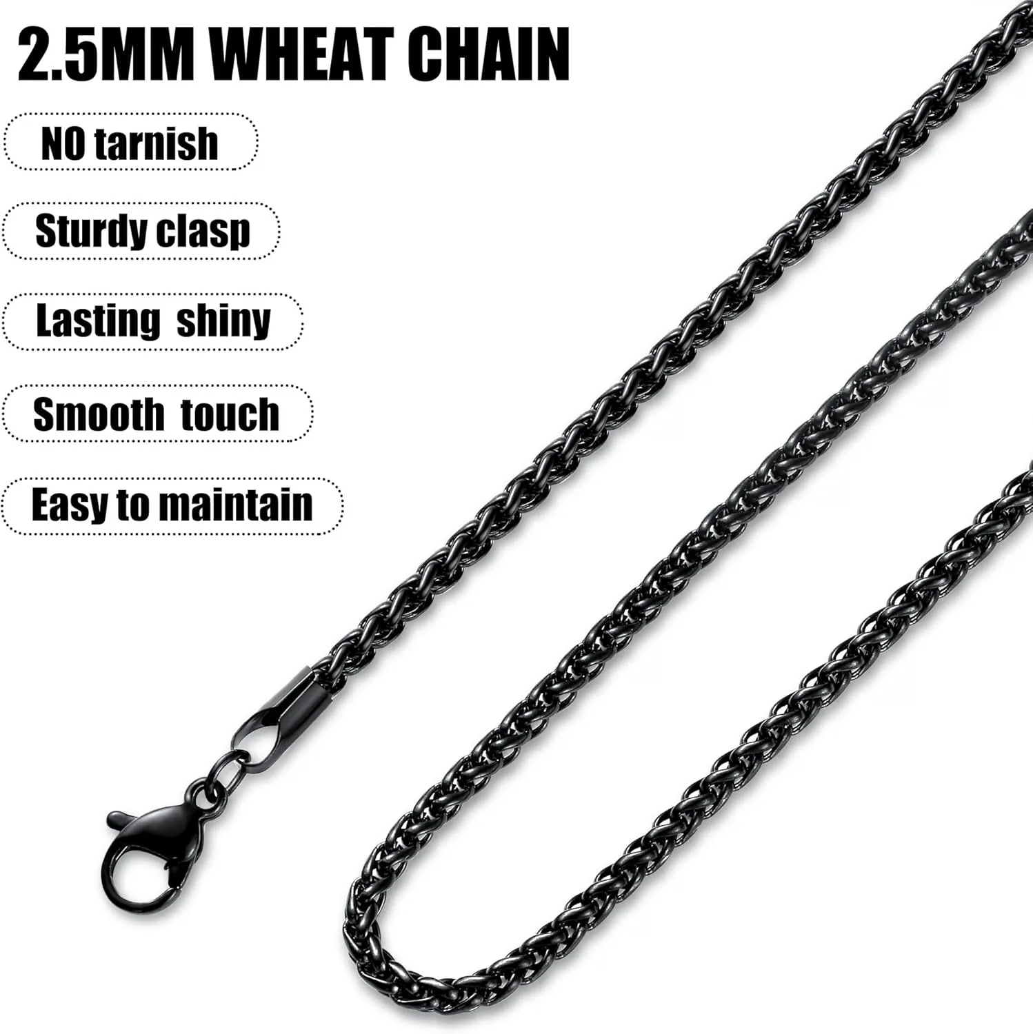 Fiusem Black Wheat Chains for Men and Women, 2/2.5/3/4/5mm Stainless Steel Necklace Chain, Mens Necklace 16-28 Inch