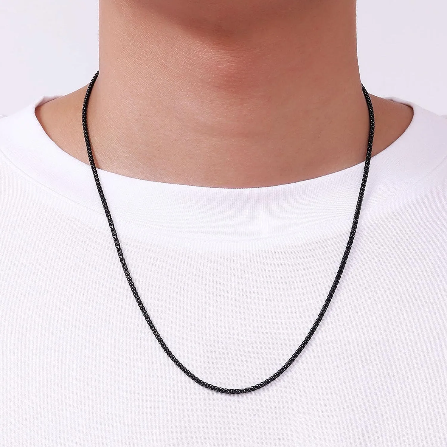 Fiusem Black Wheat Chains for Men and Women, 2/2.5/3/4/5mm Stainless Steel Necklace Chain, Mens Necklace 16-28 Inch