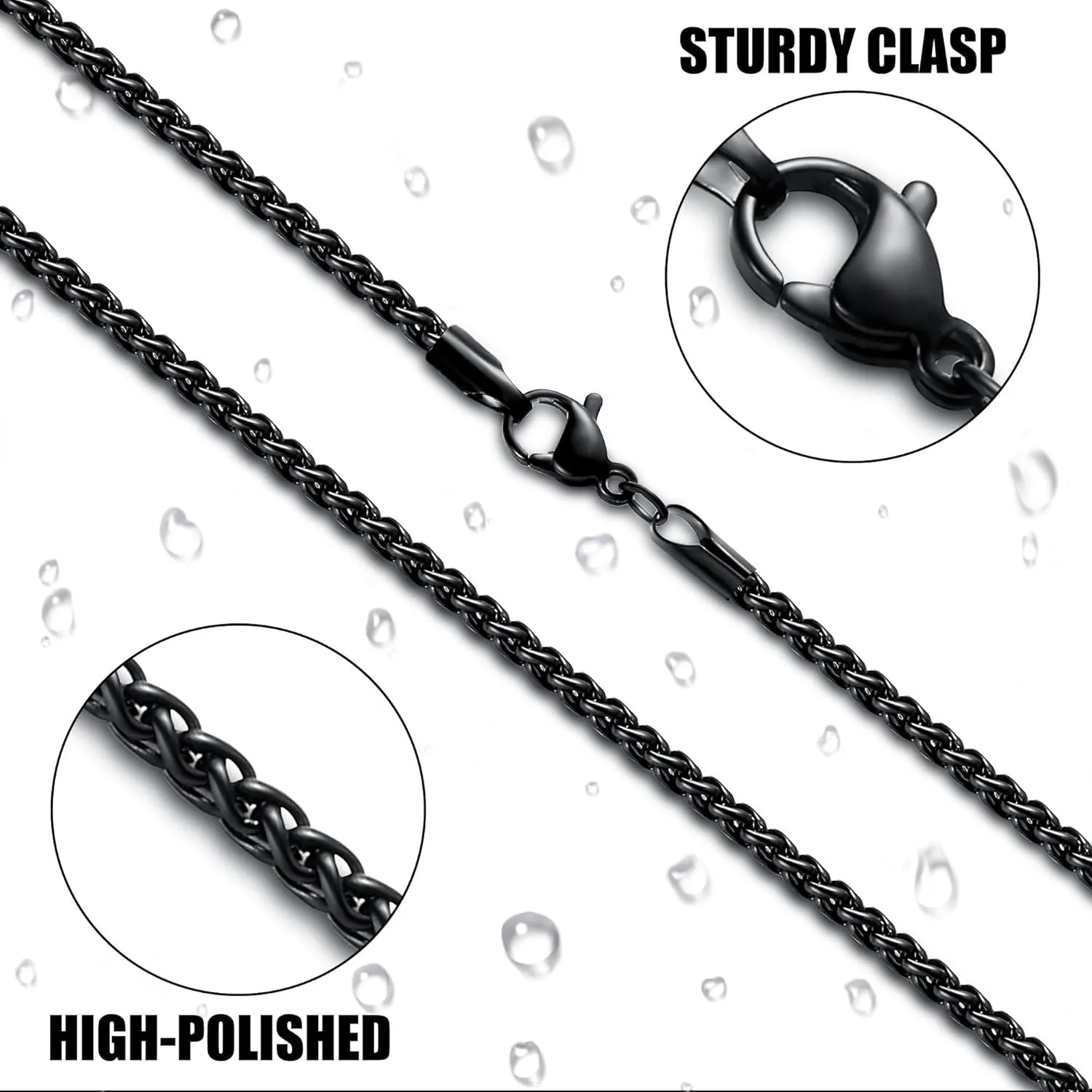 Fiusem Black Wheat Chains for Men and Women, 2/2.5/3/4/5mm Stainless Steel Necklace Chain, Mens Necklace 16-28 Inch