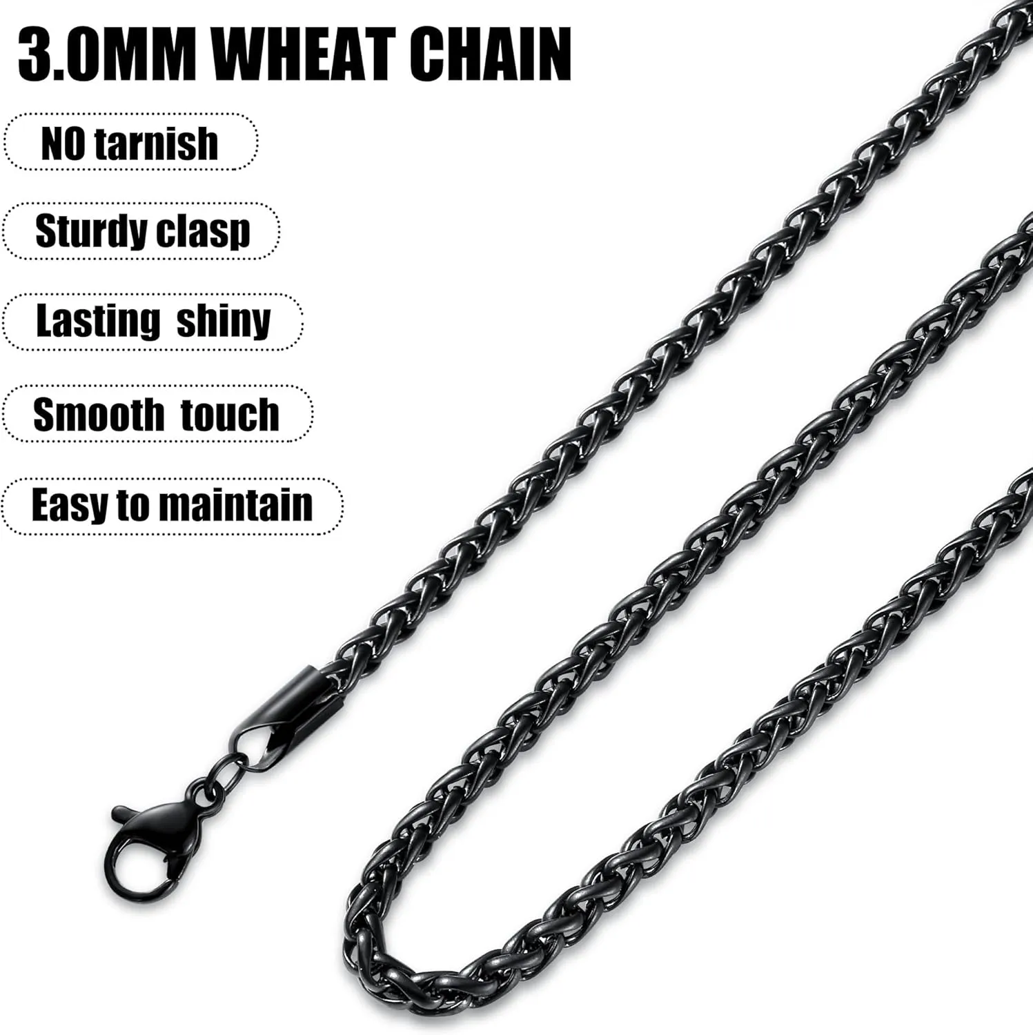 Fiusem Black Wheat Chains for Men and Women, 2/2.5/3/4/5mm Stainless Steel Necklace Chain, Mens Necklace 16-28 Inch