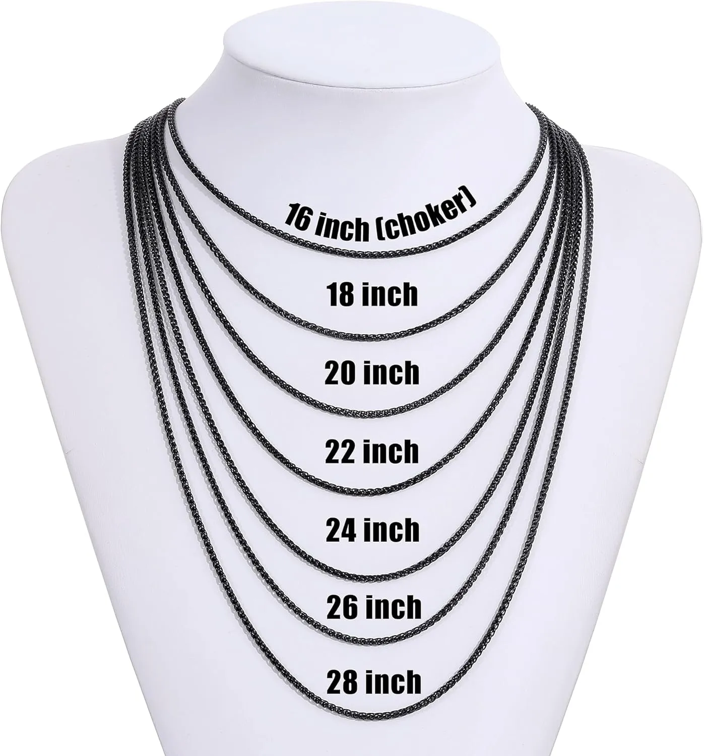 Fiusem Black Wheat Chains for Men and Women, 2/2.5/3/4/5mm Stainless Steel Necklace Chain, Mens Necklace 16-28 Inch
