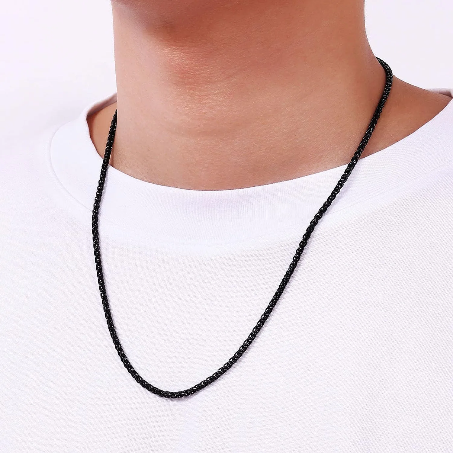 Fiusem Black Wheat Chains for Men and Women, 2/2.5/3/4/5mm Stainless Steel Necklace Chain, Mens Necklace 16-28 Inch