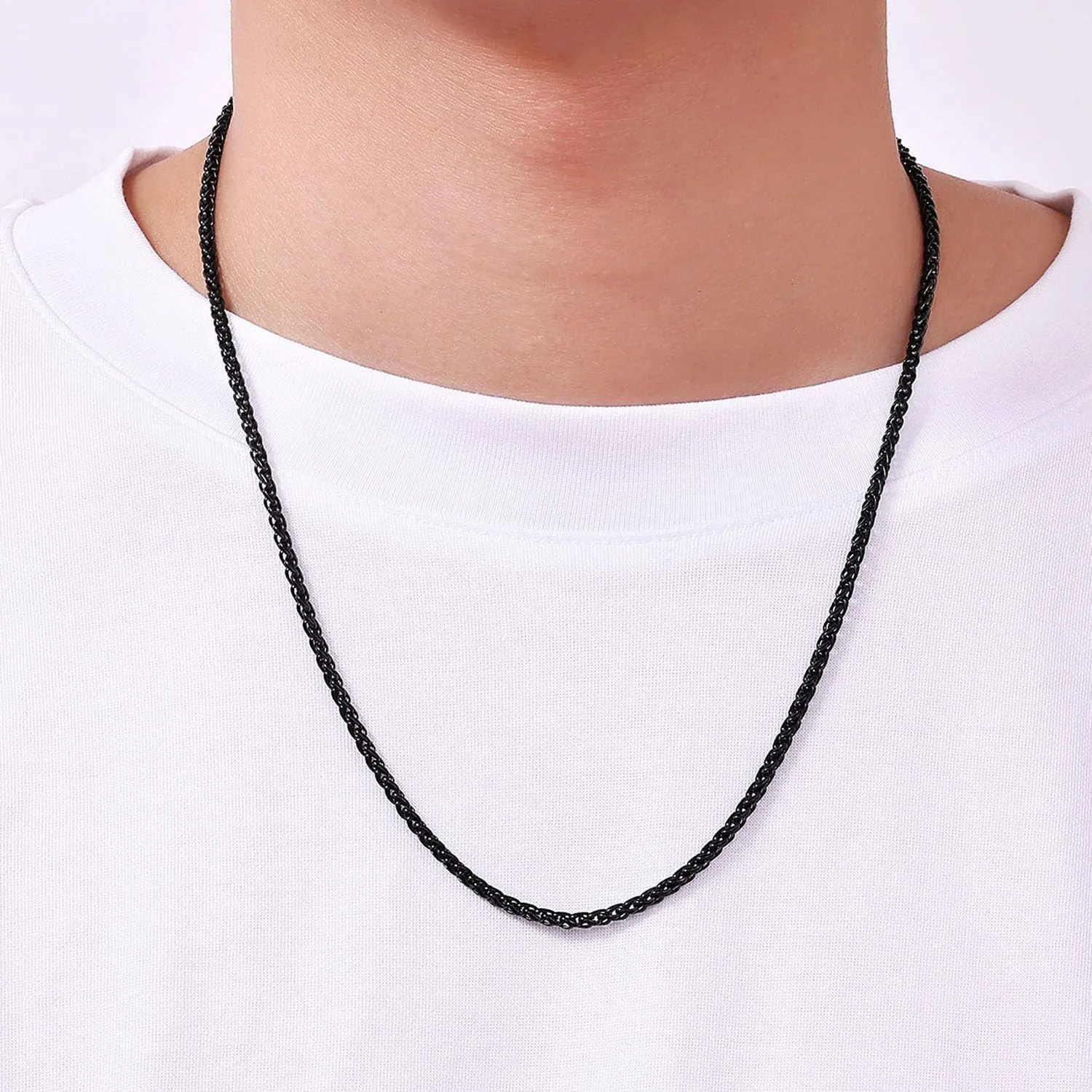 Fiusem Black Wheat Chains for Men and Women, 2/2.5/3/4/5mm Stainless Steel Necklace Chain, Mens Necklace 16-28 Inch